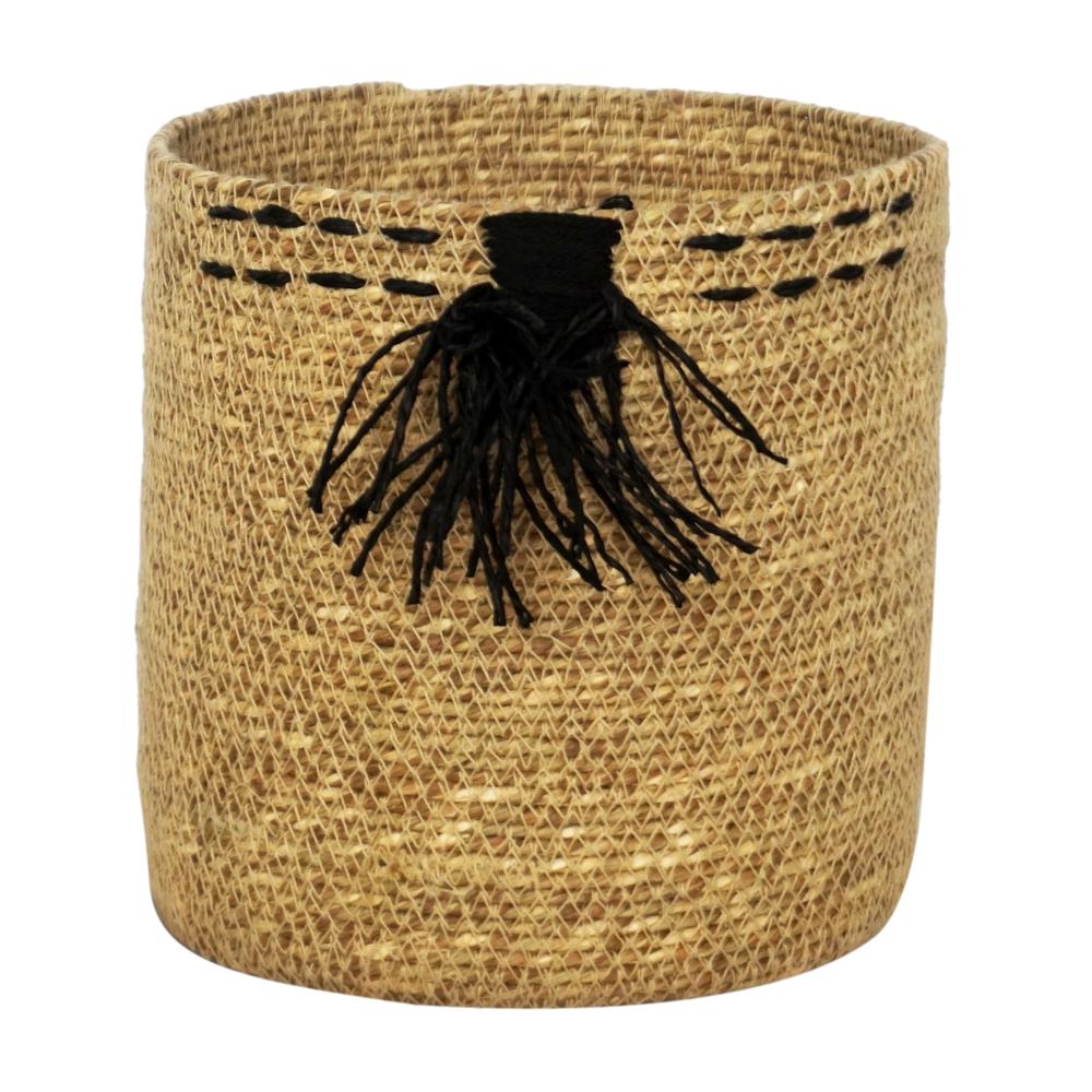 Seagrass Basket Black Tassel 6”Dia -St - Natural. Picture 1