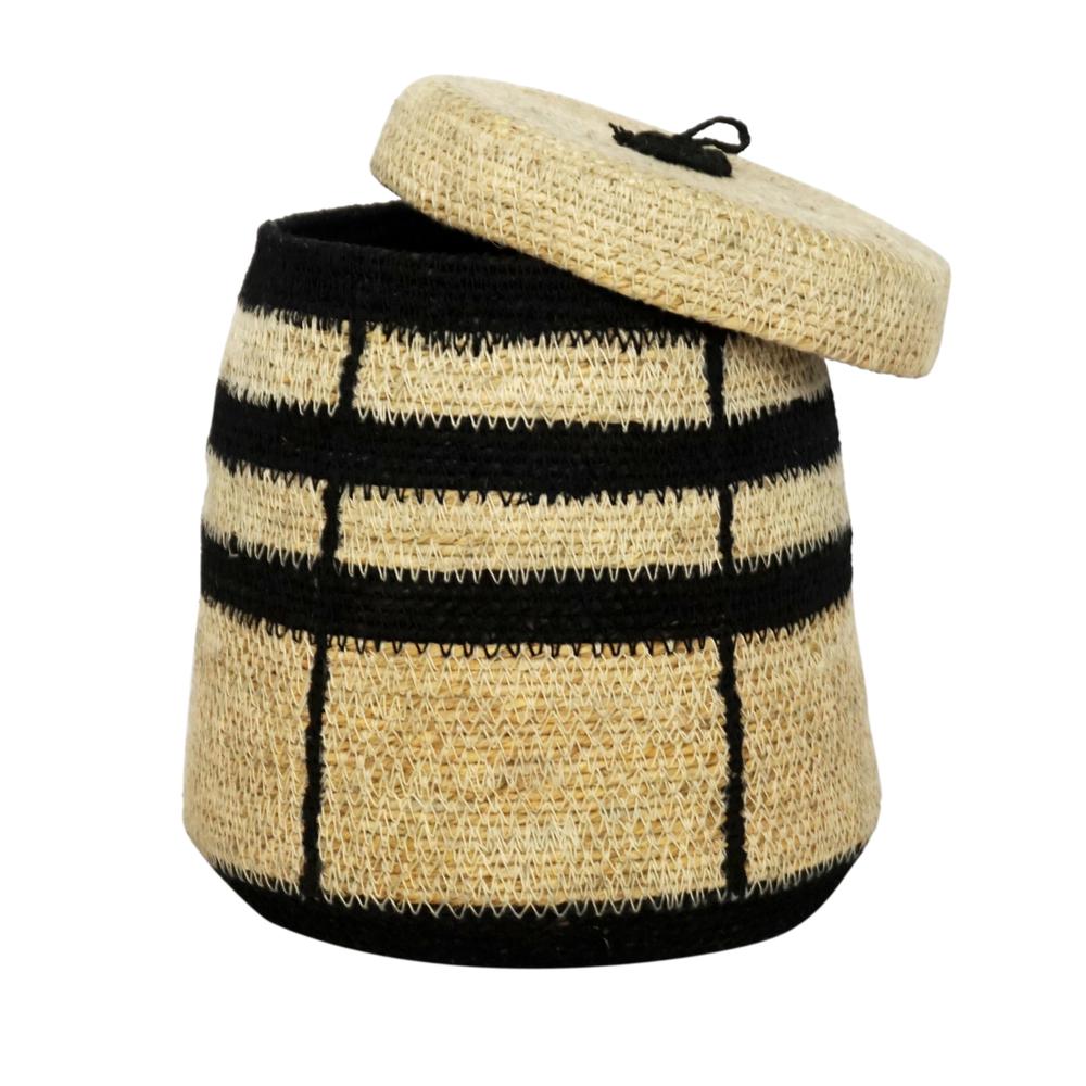 Seagrass Basket W/ Top 6.5”Dia - Egg & Black. Picture 1