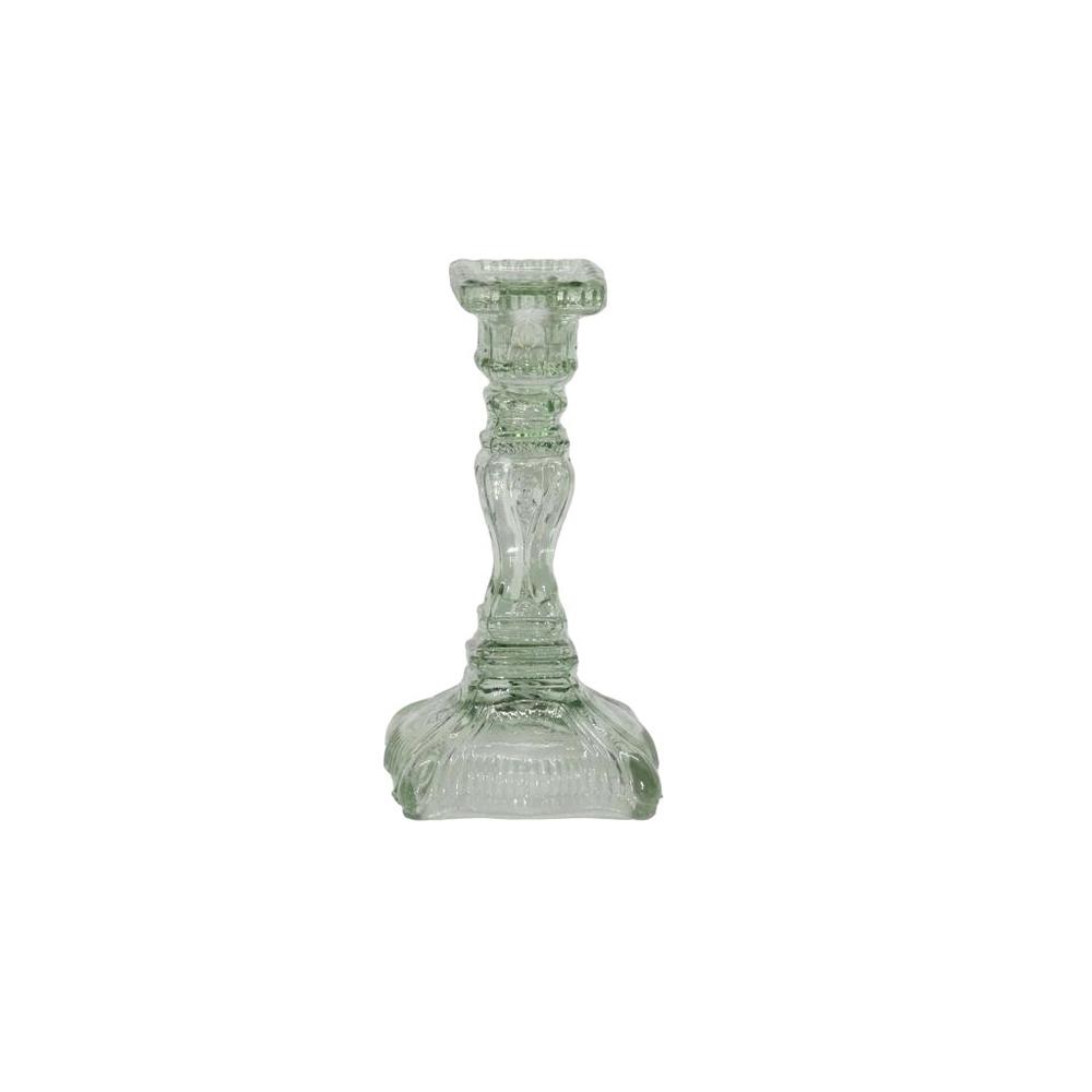 Med. Glass Candlestick 7.5”H -St - Mint Green. Picture 1