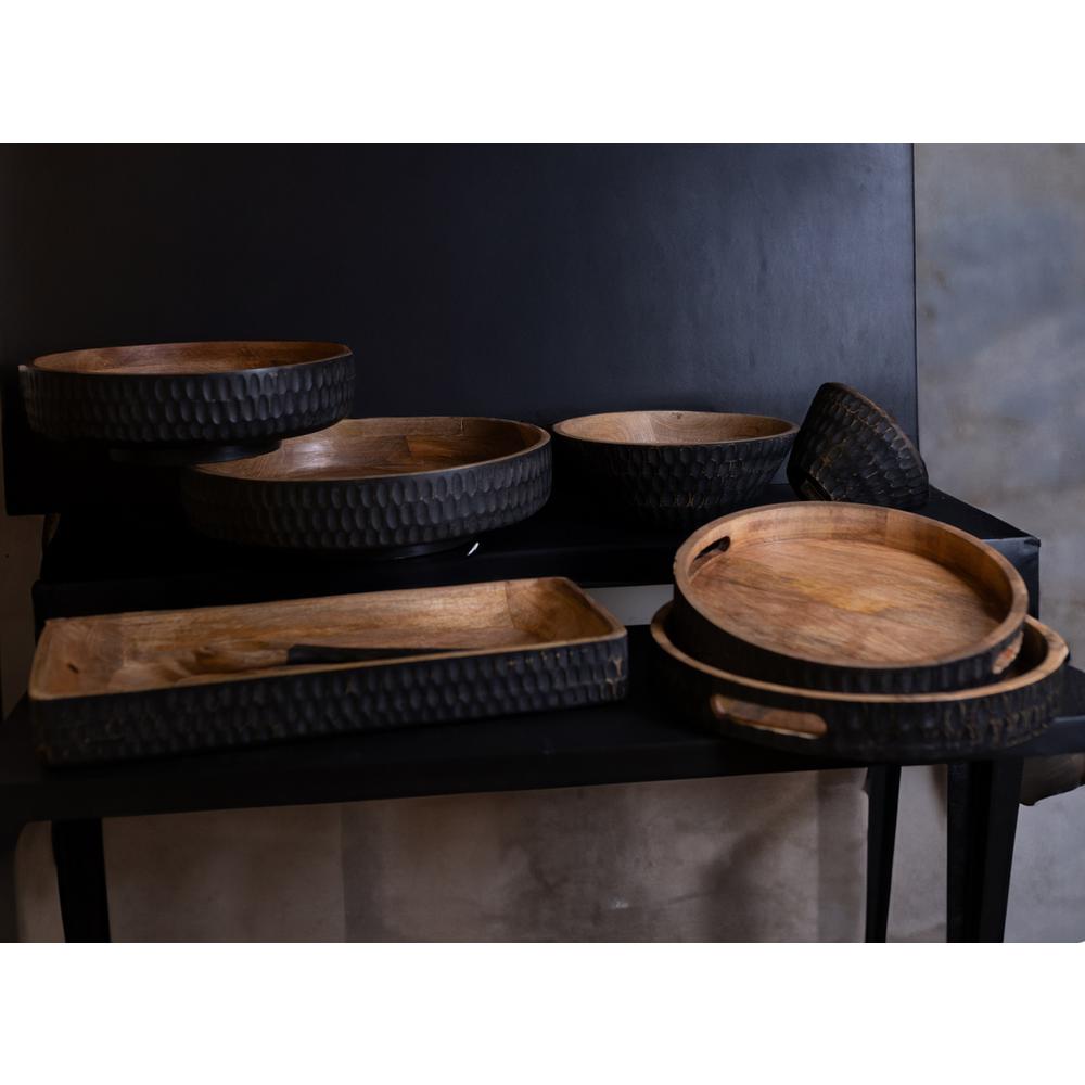 Set of 2 Wooden Carved Bowls with Base Natural & Black. Picture 1