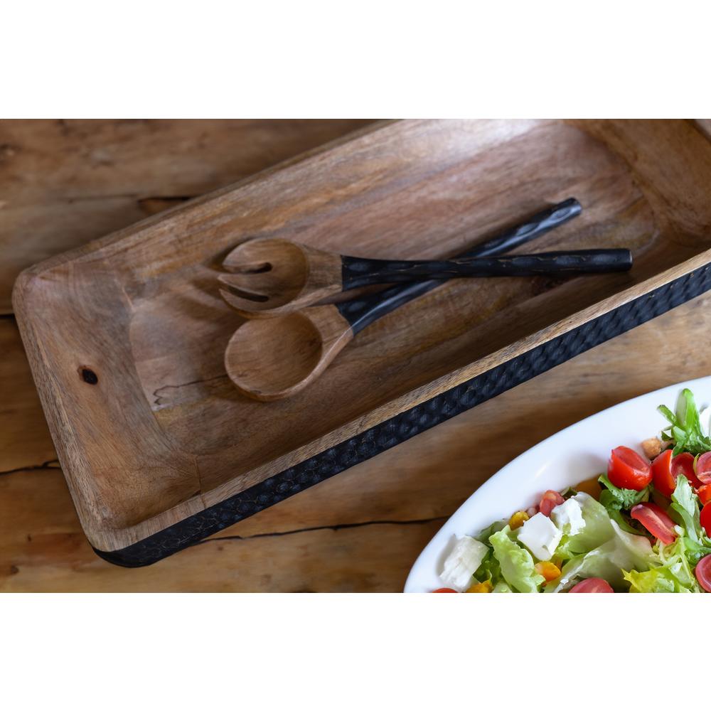 Set of 2 Wooden Carved Salad Servers Natural & Black. Picture 1