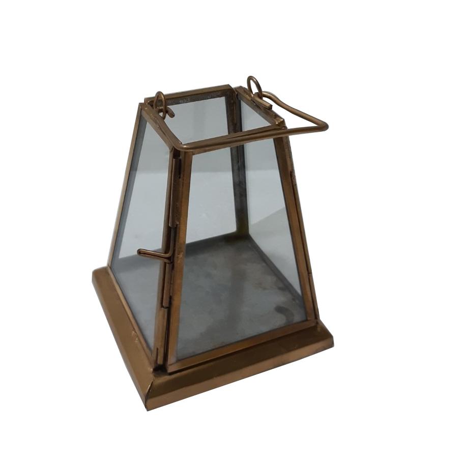 Med. Iron & Glass Lantern 6.5”H- St - Brass Antique. Picture 1