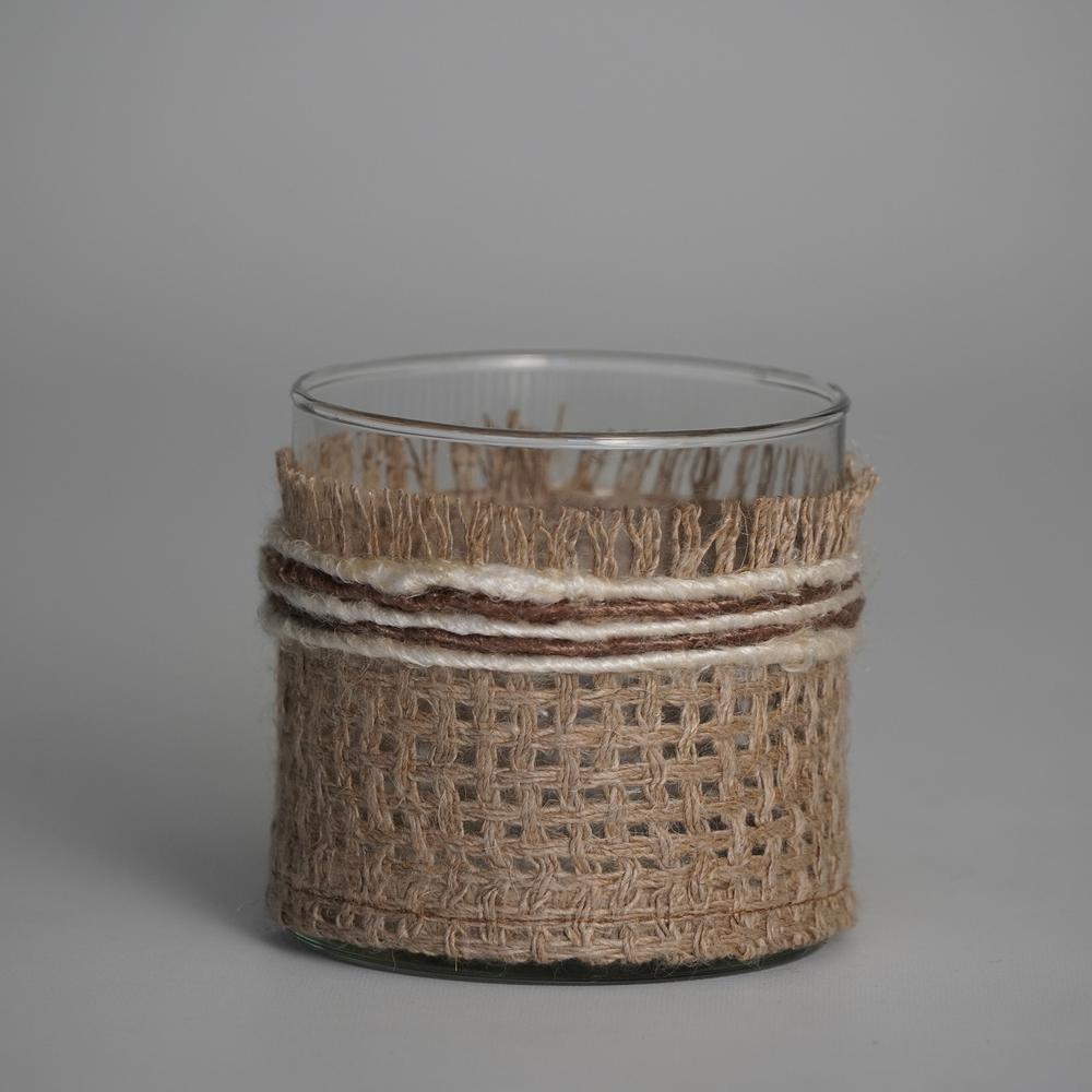 Votive Natural 3"X3" Wrapped In Fabric Weaves. Picture 1
