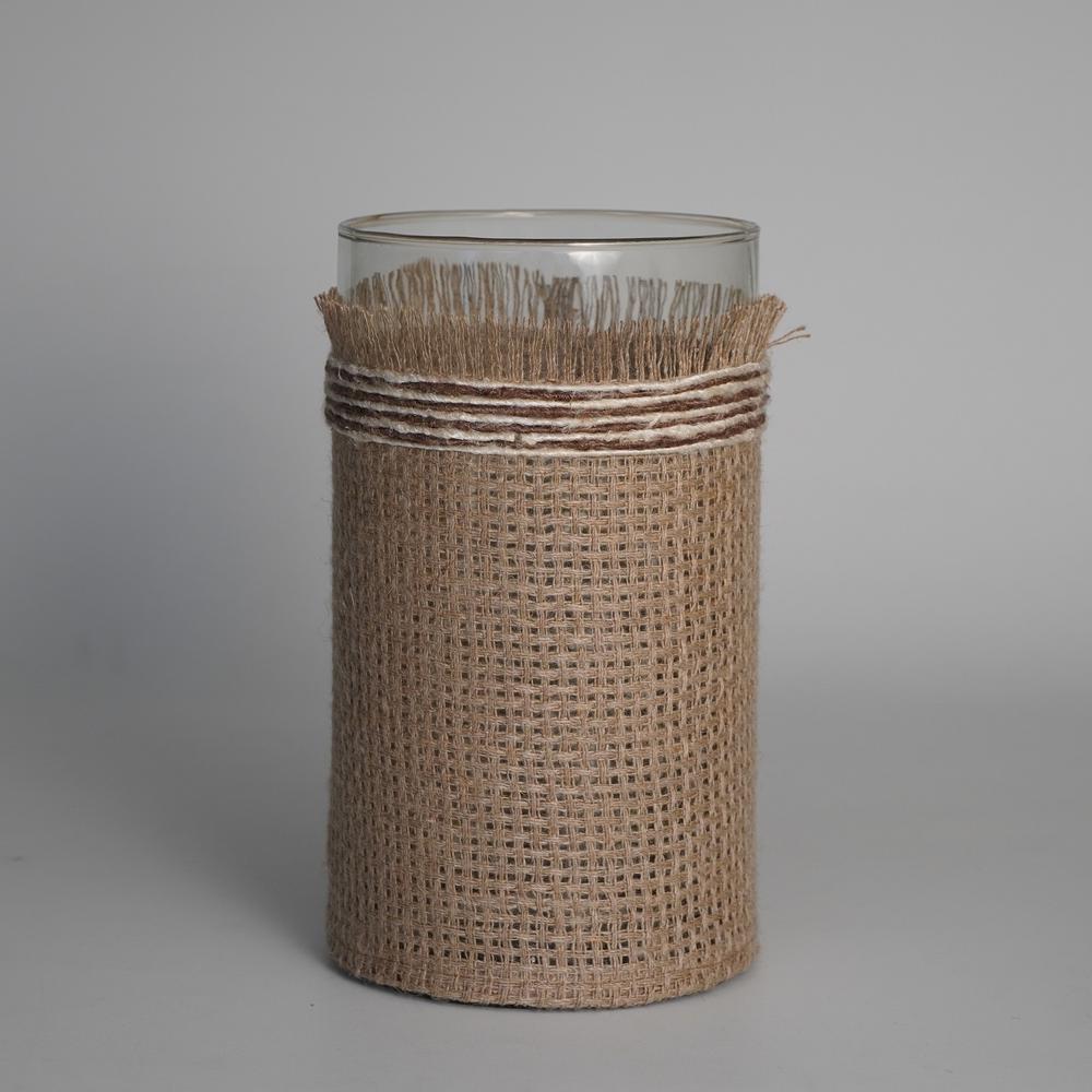 Votive Natural 10"X6" Wrapped In Fabric Weaves. Picture 1