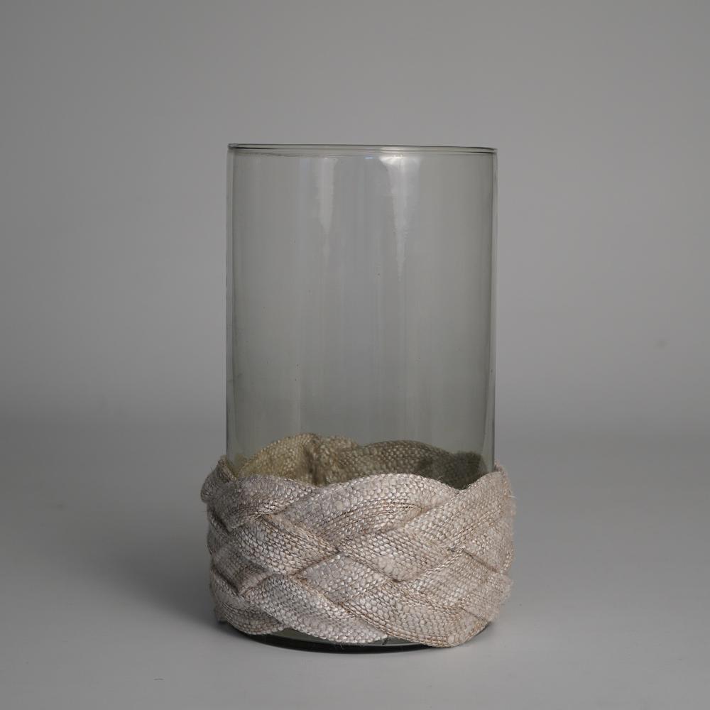 Votive Wrapped In Cream & Natural Fabric 10"X6". Picture 1