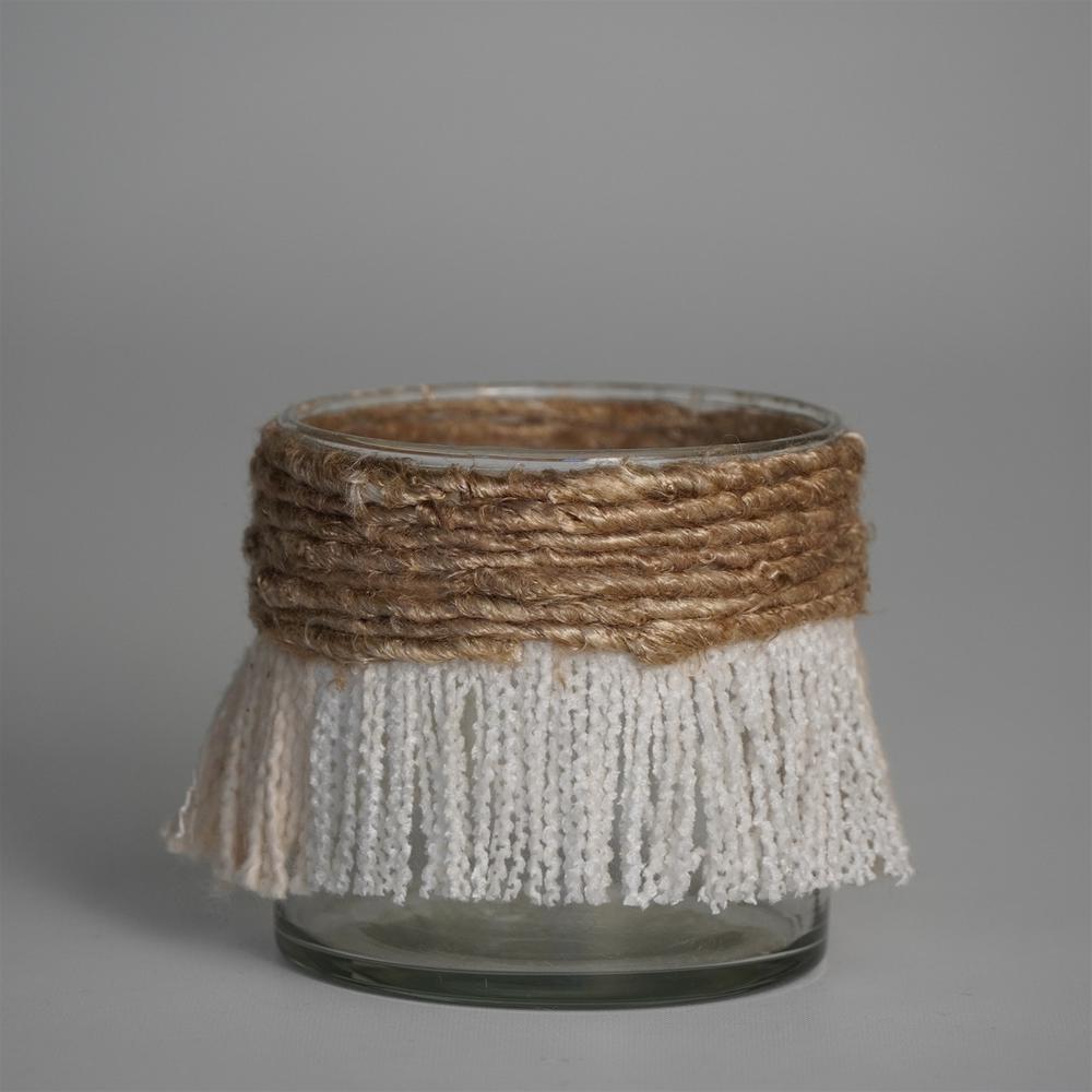 Votive Wrapped In Cream & Natural Fringe 3"X3". Picture 1