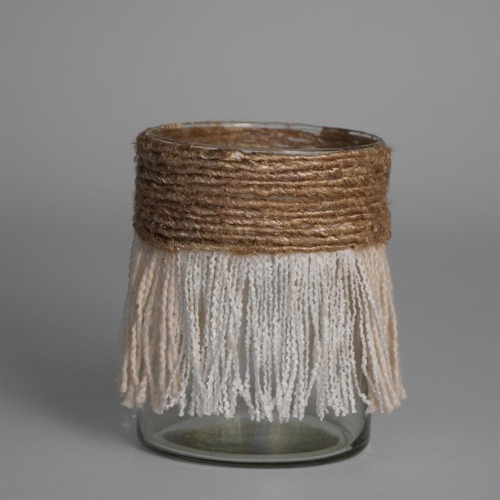 Votive Wrapped In Cream & Natural Fringe 5"X4". Picture 1