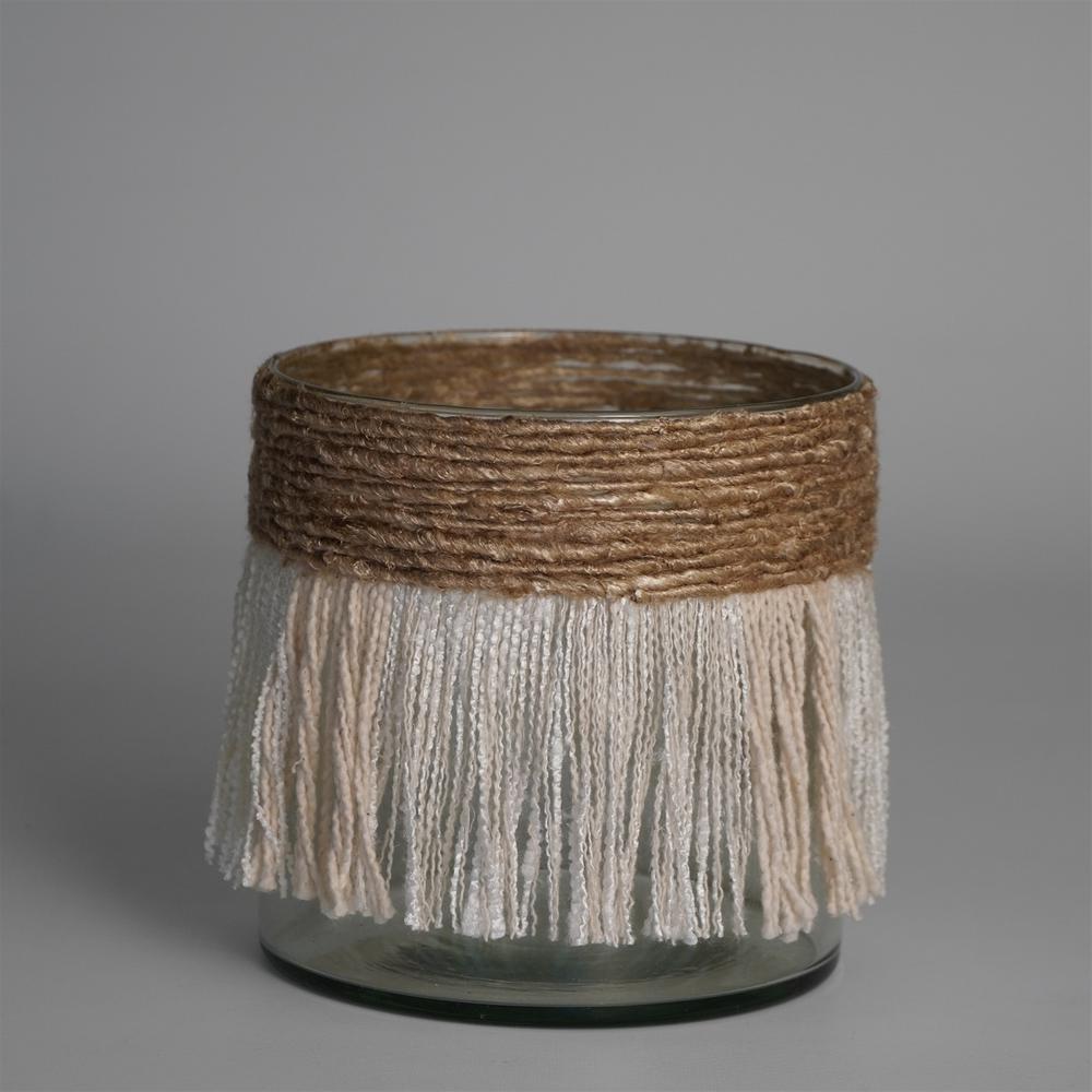 Votive Wrapped In Cream & Natural Fringe 6"X6". Picture 2
