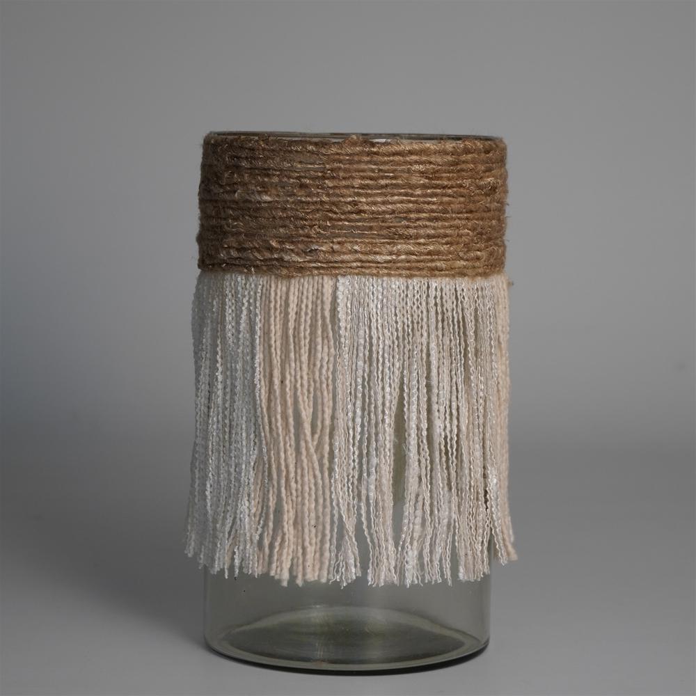 Votive Wrapped In Cream & Natural Fringe 10"X6". Picture 2