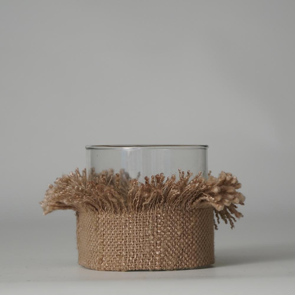 Votive 3"X3" Wrapped In Natural Fabric. Picture 1