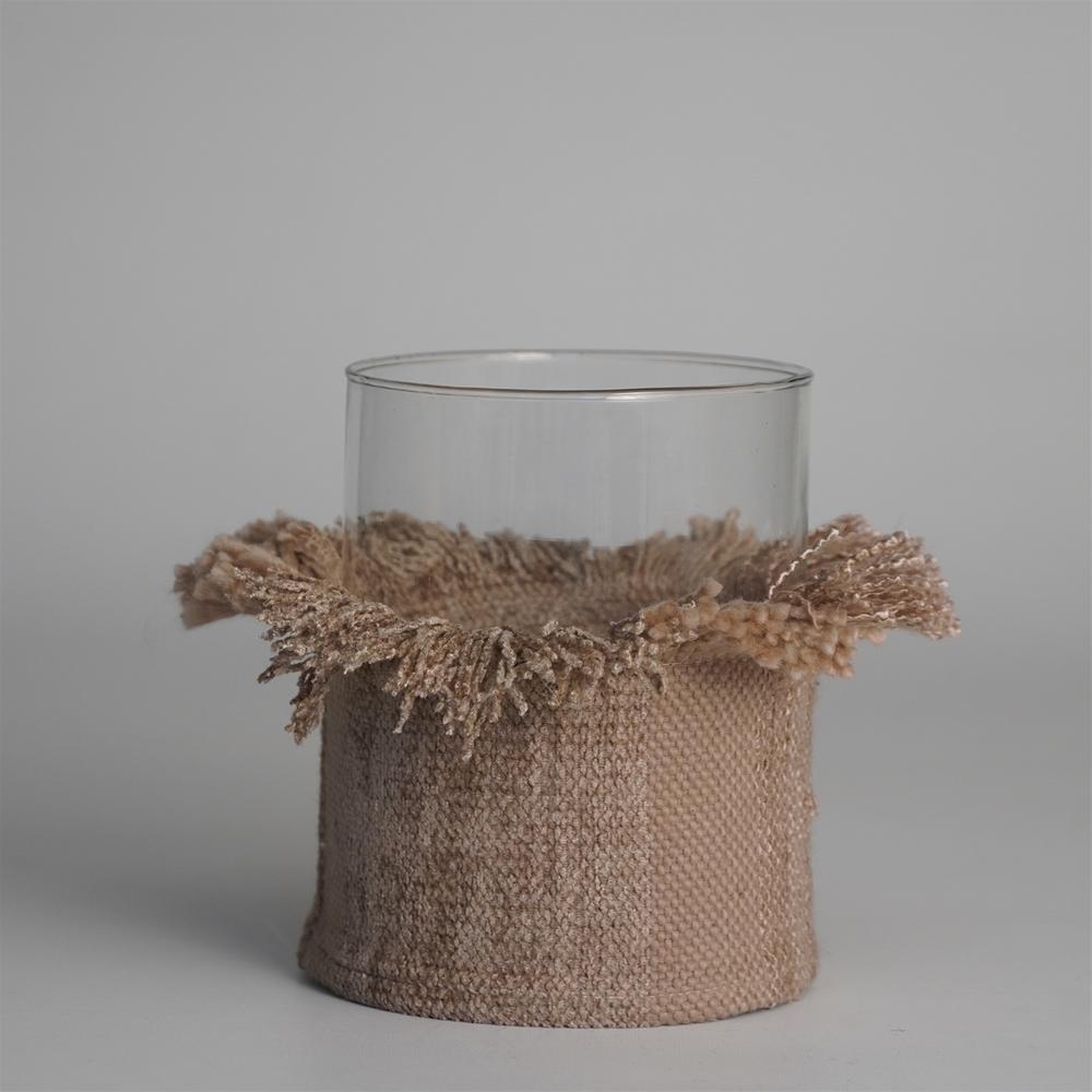 Votive 5"X4" Wrapped In Natural Fabric. Picture 1