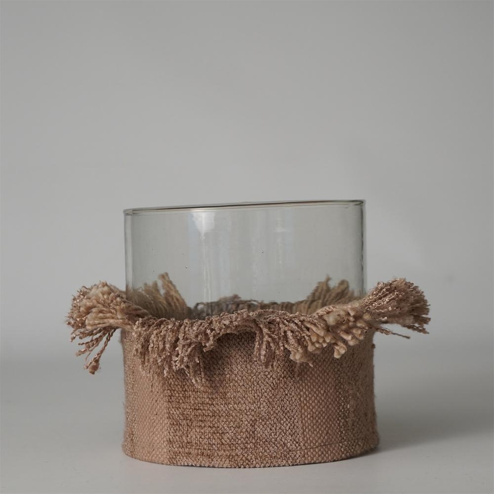 Votive 6"X6" Wrapped In Natural Fabric. Picture 1