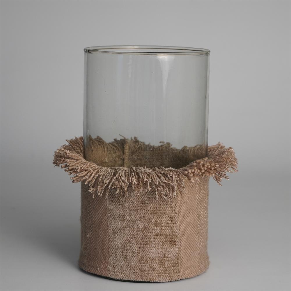 Votive 10"X6" Wrapped In Natural Fabric. Picture 2