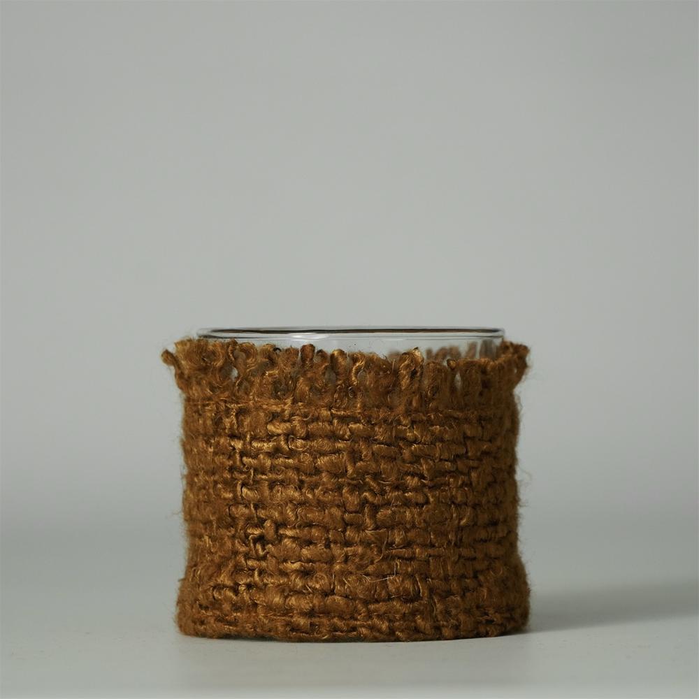 Votive Wapped In Mustard Fabric 3"X3". Picture 1