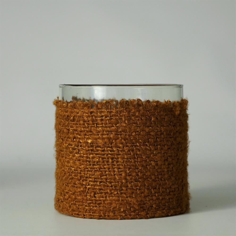 Votive Wapped In Mustard Fabric 6"X6". Picture 1
