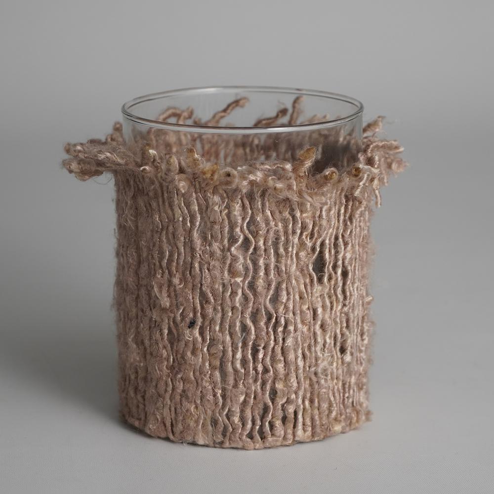 Candle Holder 5"X4" Wrapped In Natural Fabri. Picture 1