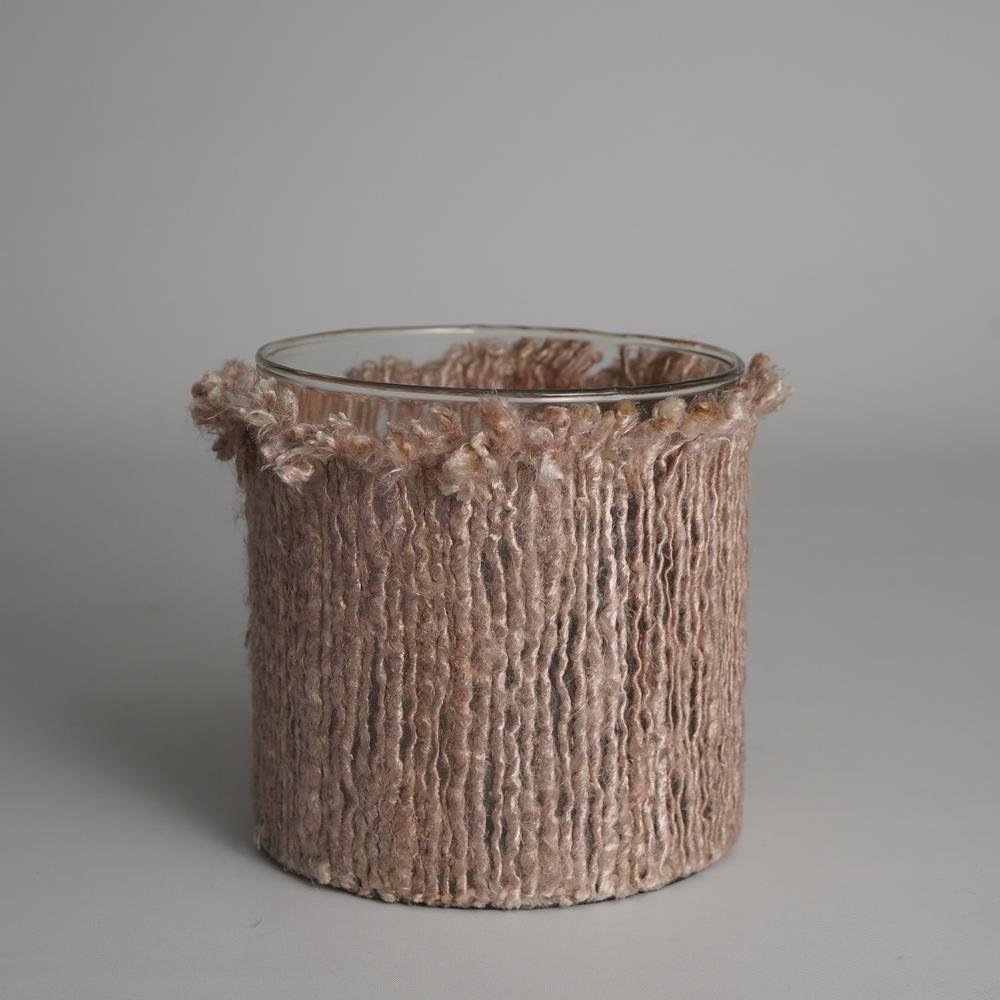 Candle Holder 6"X6" Wrapped In Natural Fabri. Picture 1