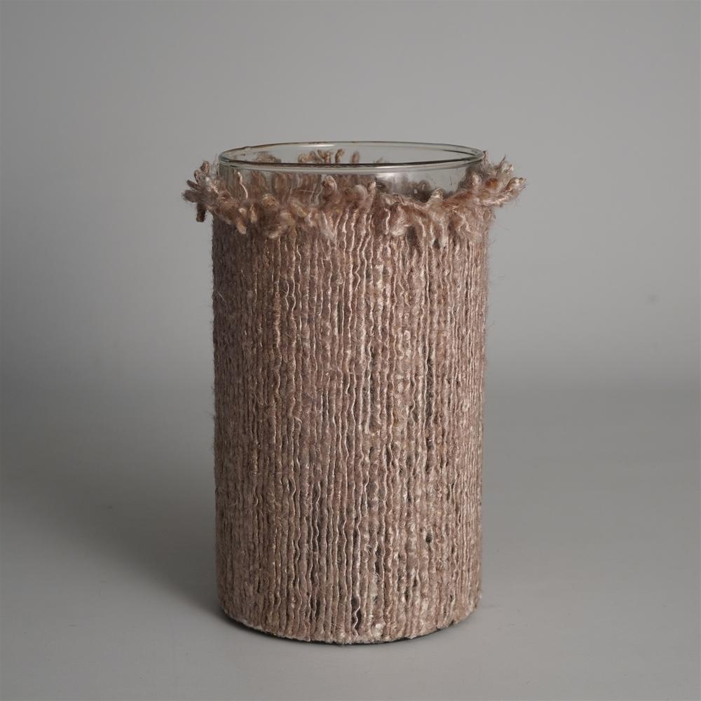 Candle Holder 10"X6" Wrapped In Natural Fabri. Picture 1