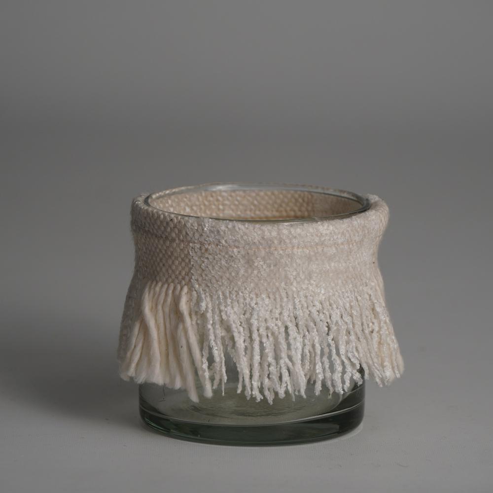 Votive Candle Holder Wrapped In Cream Fabric 3"X3". Picture 1