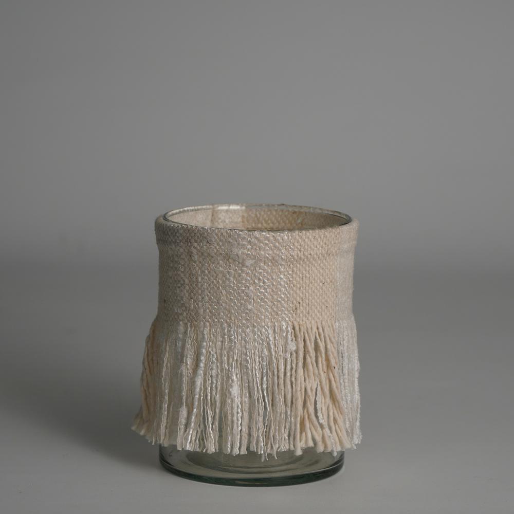 Votive Candle Holder Wrapped In Cream Fabric  5"X4". Picture 1