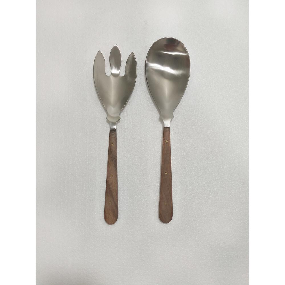 Set Of 2 Salad Servers W/ Wood Handles - Silver & Wood. Picture 1