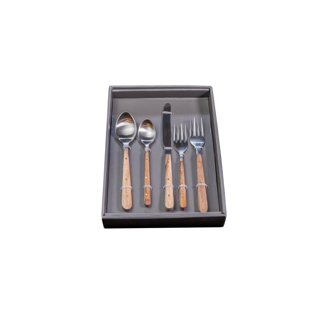 5Pc Flatware Place Setting W/ Wood Handles In Giftbox - Silver & Wood. Picture 1