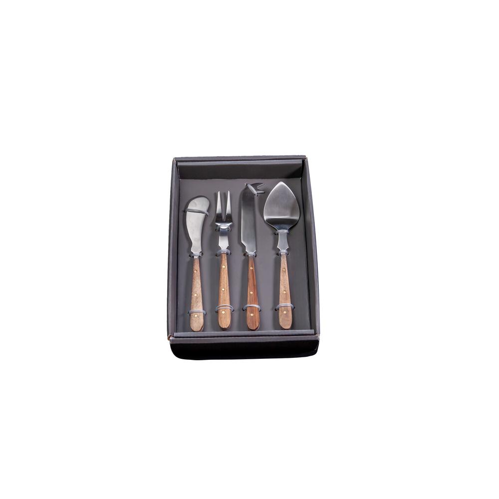 Set Of 4 Cheese Set W/ Wood Handles In Giftbox - Silver & Wood. Picture 1