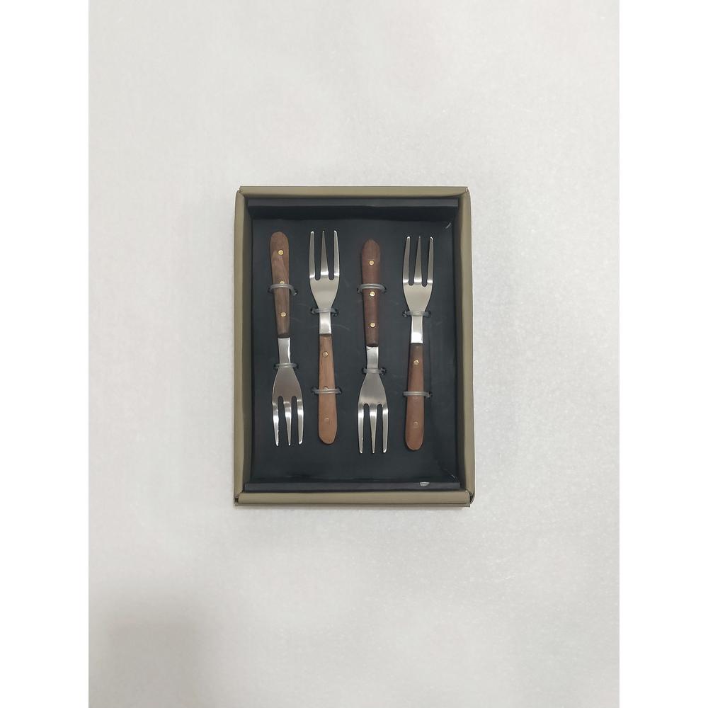 Set Of 4 Cocktail Forks W/ Wood Handles In Giftbox - Silver & Wood. Picture 1