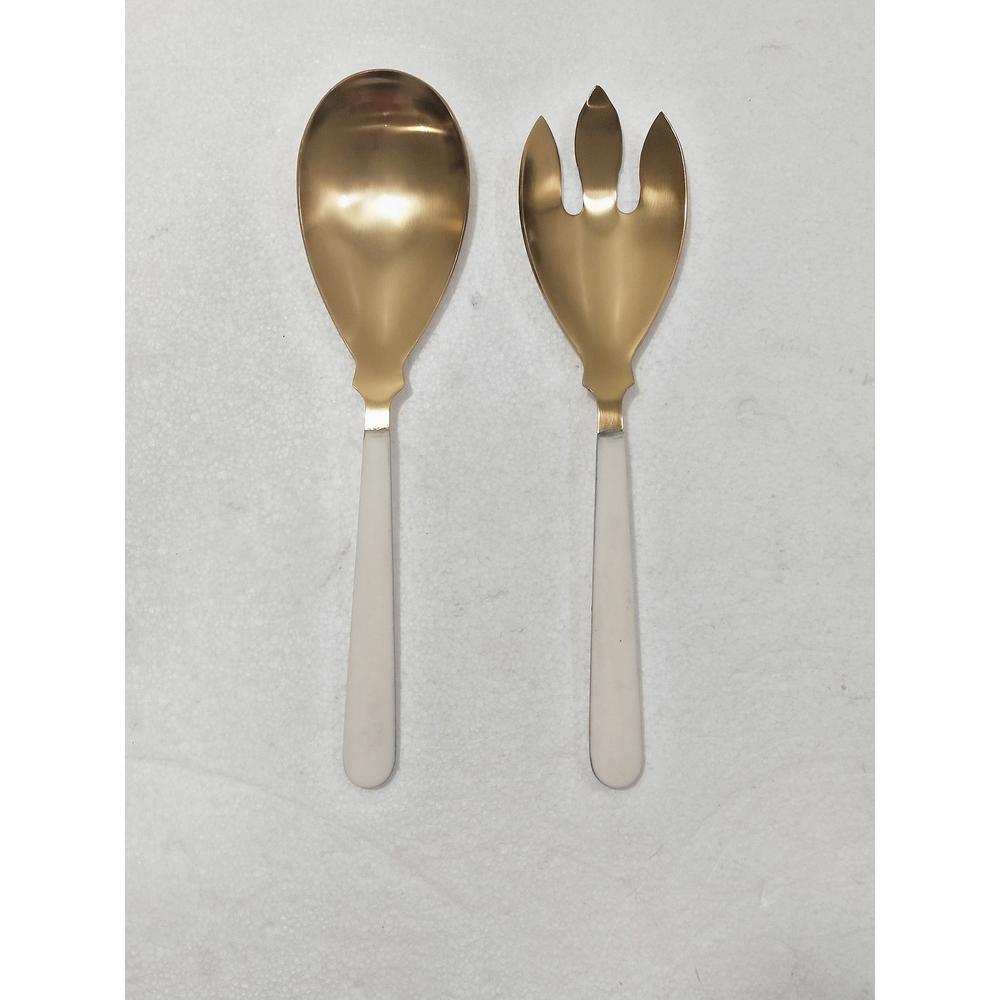 Set Of 2 Salad Servers Gold W/ White Resin Handles In Giftbox - Gold & White. Picture 1