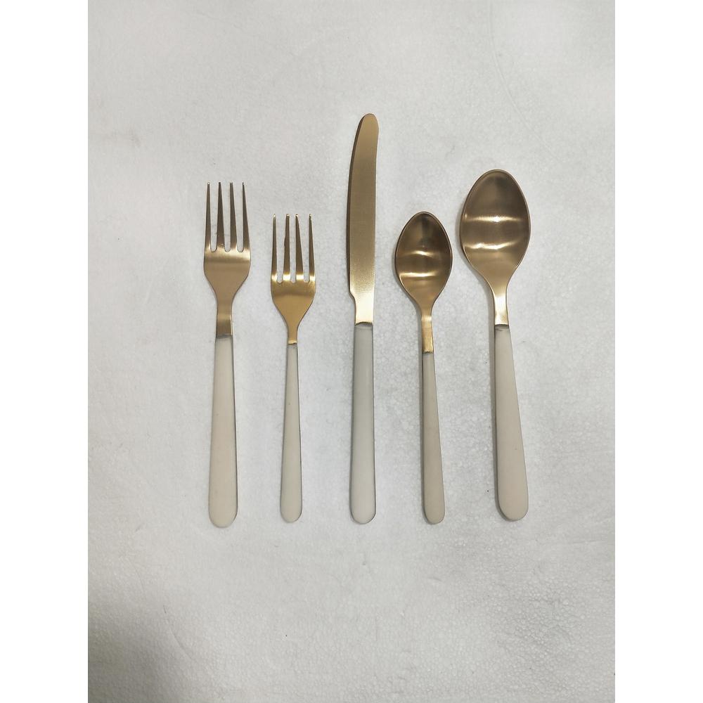 5Pc Flatware Place Setting Gold W/ White Resin Handles In Giftbox. Picture 1
