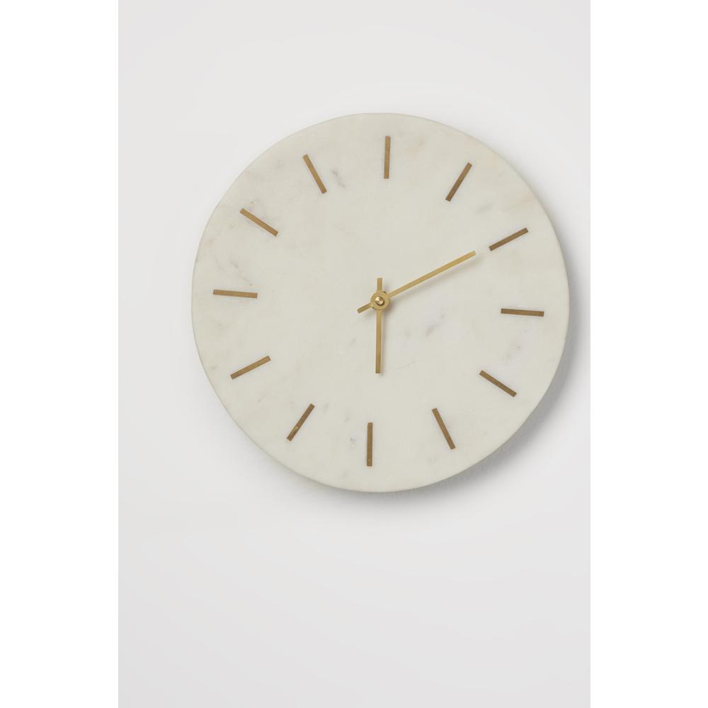 Sm. Marble Wall Clock W/ Gold Inlay Dia9" - Natural White Marble. Picture 1