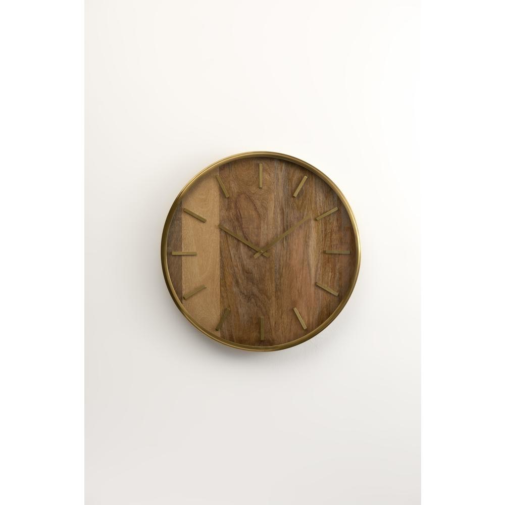 Mango Wood Rnd Wall Clock W/ Brass Inlay And Case Dia 20". Picture 1
