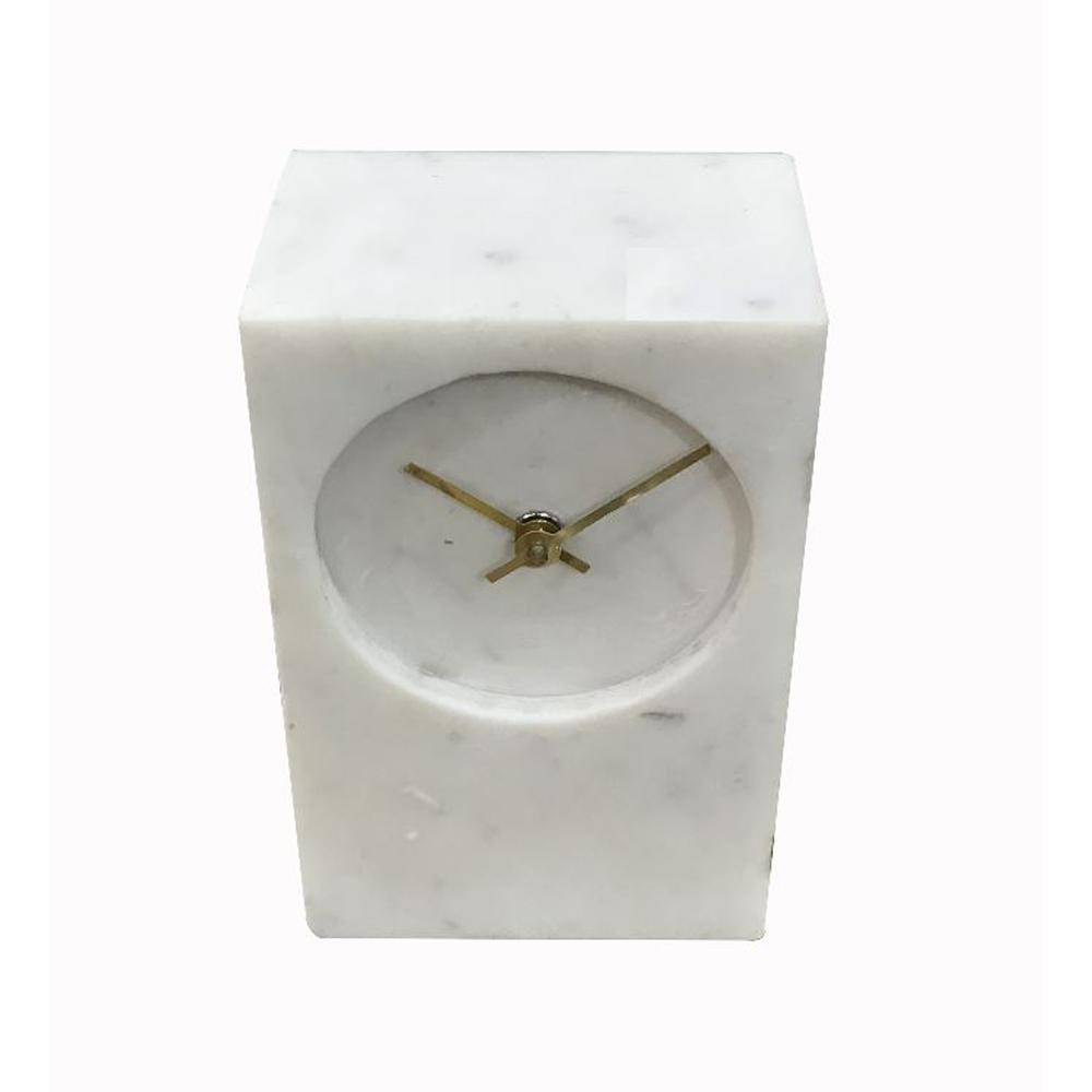 Marble Tower Table Clock 8"H - White Marble. Picture 1