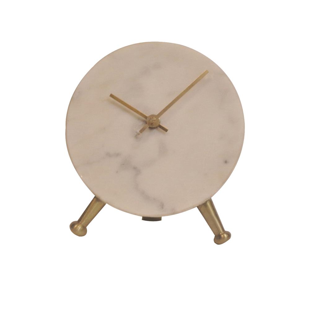 Sm. Marble Table Clock Antique Brass 6"Dia - White Marble. Picture 1