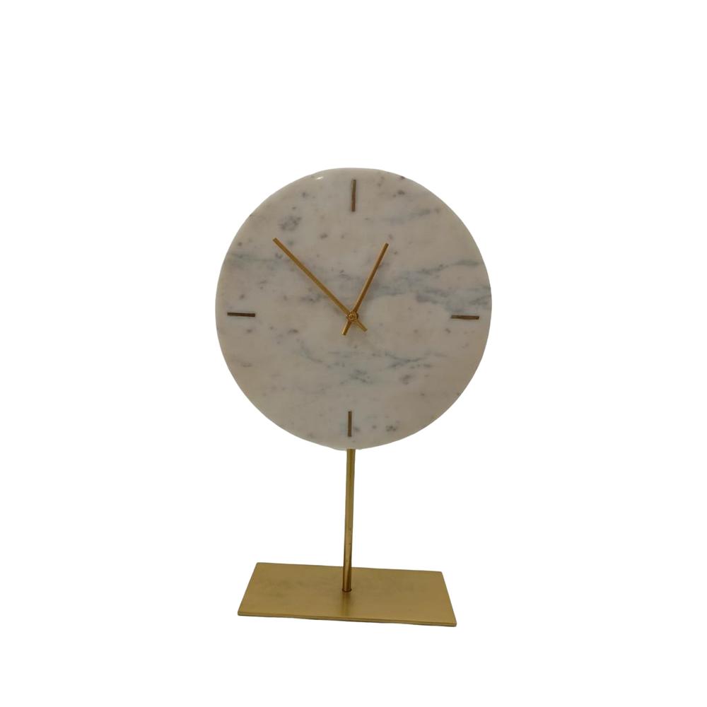 White Marble Table Clock W/ Gold Stand -St - White. Picture 1