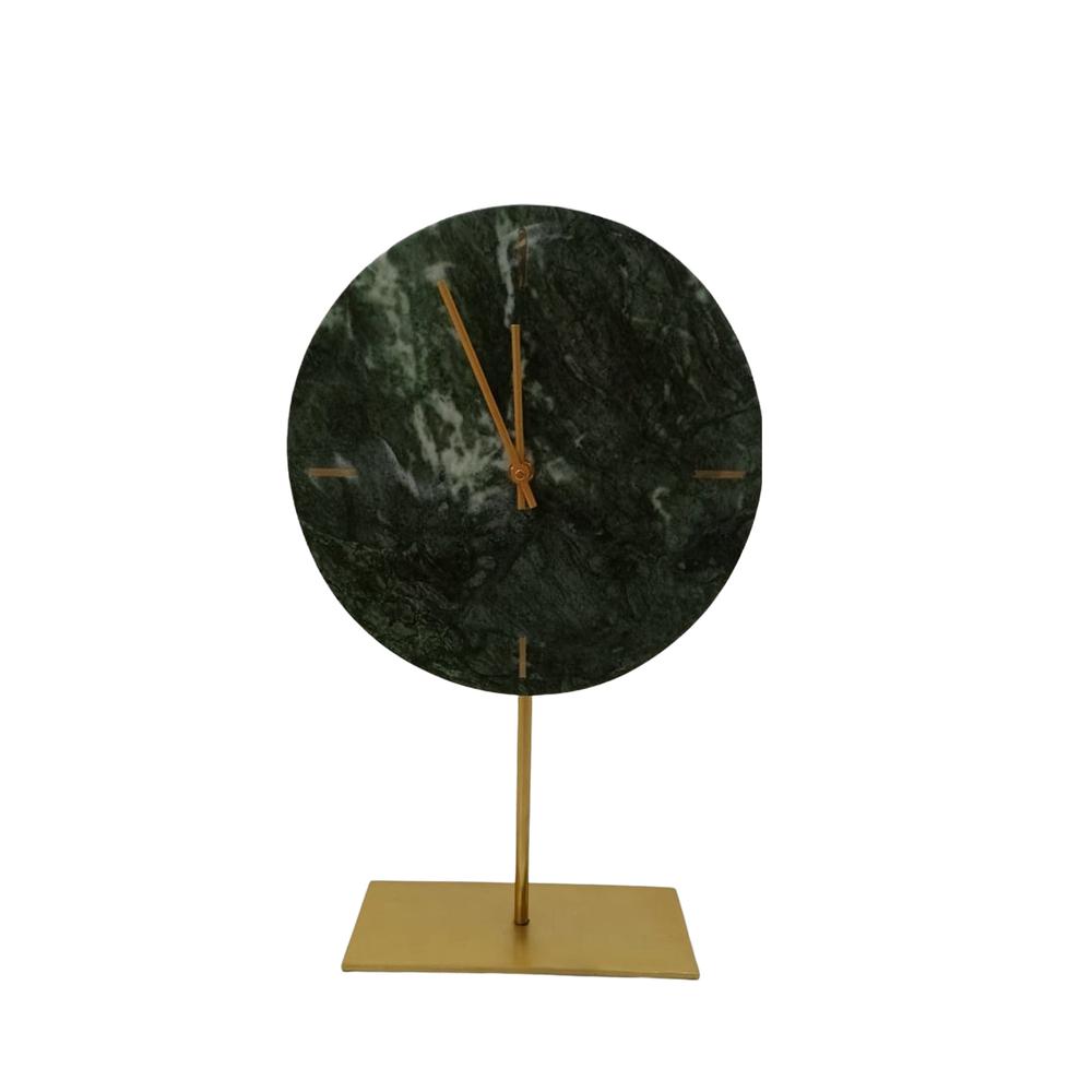 Green Marble Table Clock W/ Gold Stand -St - Green. Picture 1