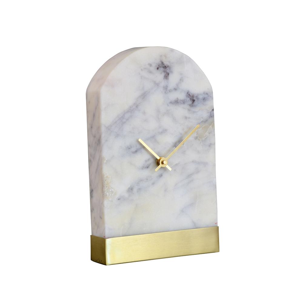 Marble Table Clock W/ Gold Base -St - White. Picture 1