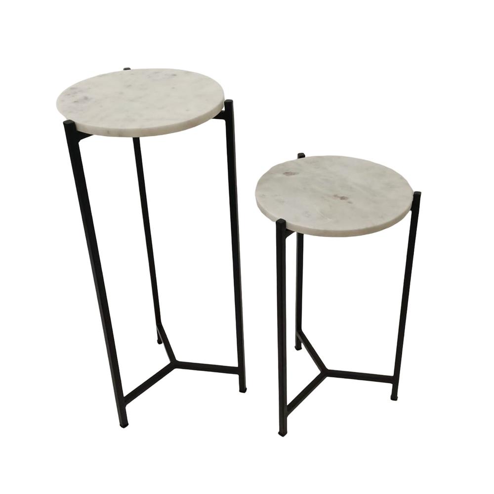 WHITE MARBLE DRINK TABLE SET OF WITH BLACK MATTE STAND. Picture 1