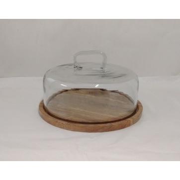 Glass Cake Cover With Wood Bottom - Natural. Picture 1