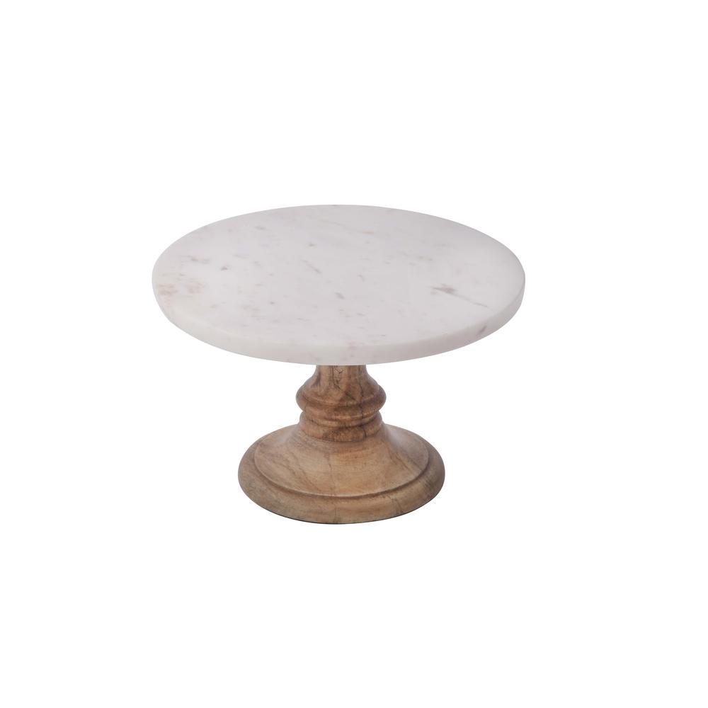 Sm. Marble Plate On Mango Wood.Stand - White. Picture 1