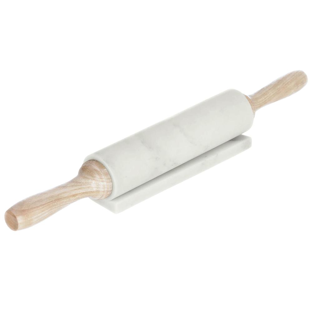 White Marble & Mango Wood Rolling Pin W/ Base (Labeled 792715) - White. Picture 1
