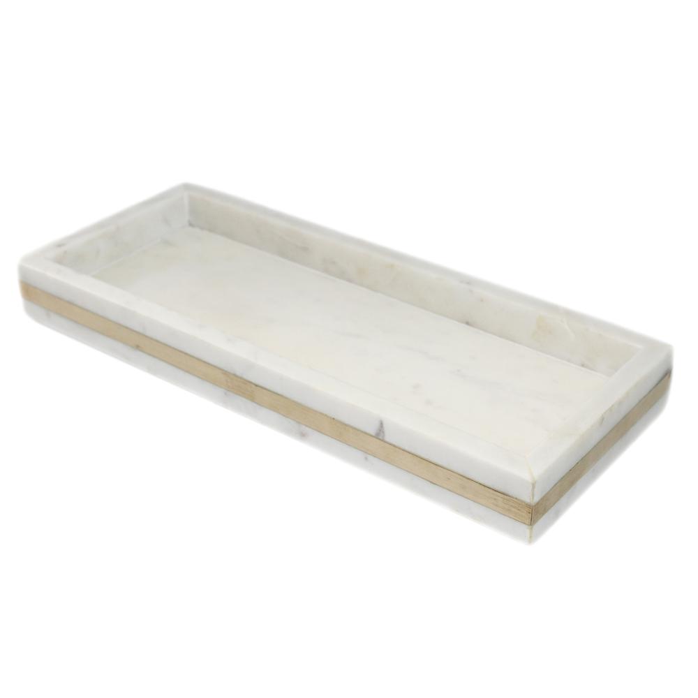 Med. White Marble Tank Tray W Brass Inlay 15"X6" - White/Gold. Picture 1