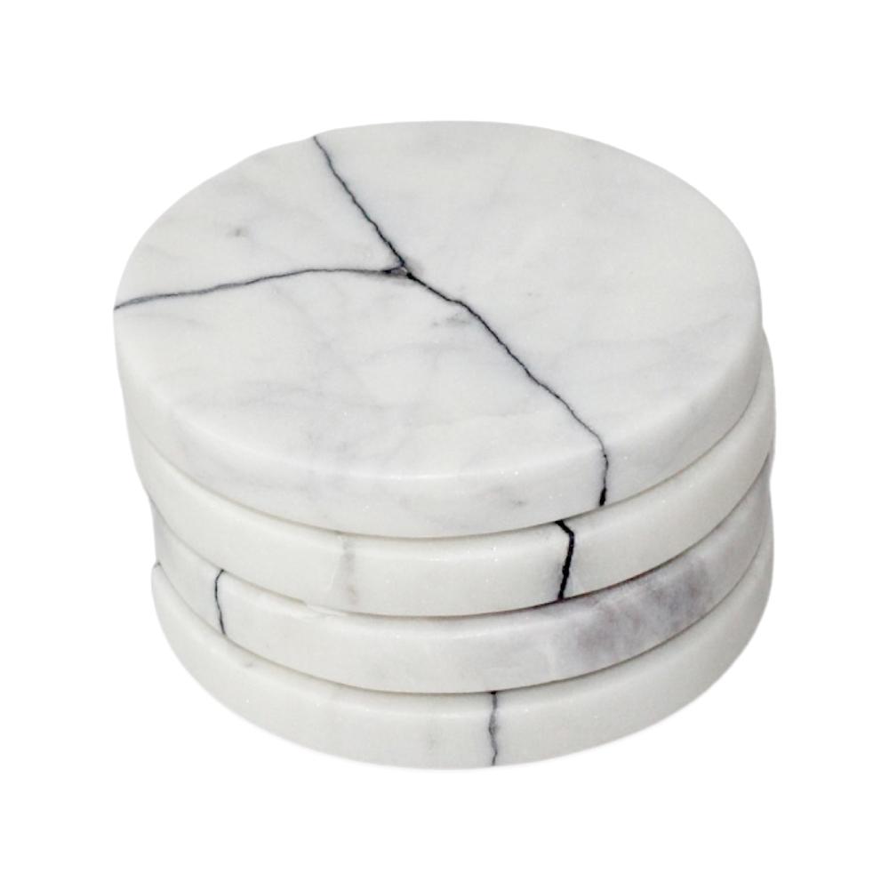 Set Of 4 Veined White Marble Round Coasters - White. Picture 1