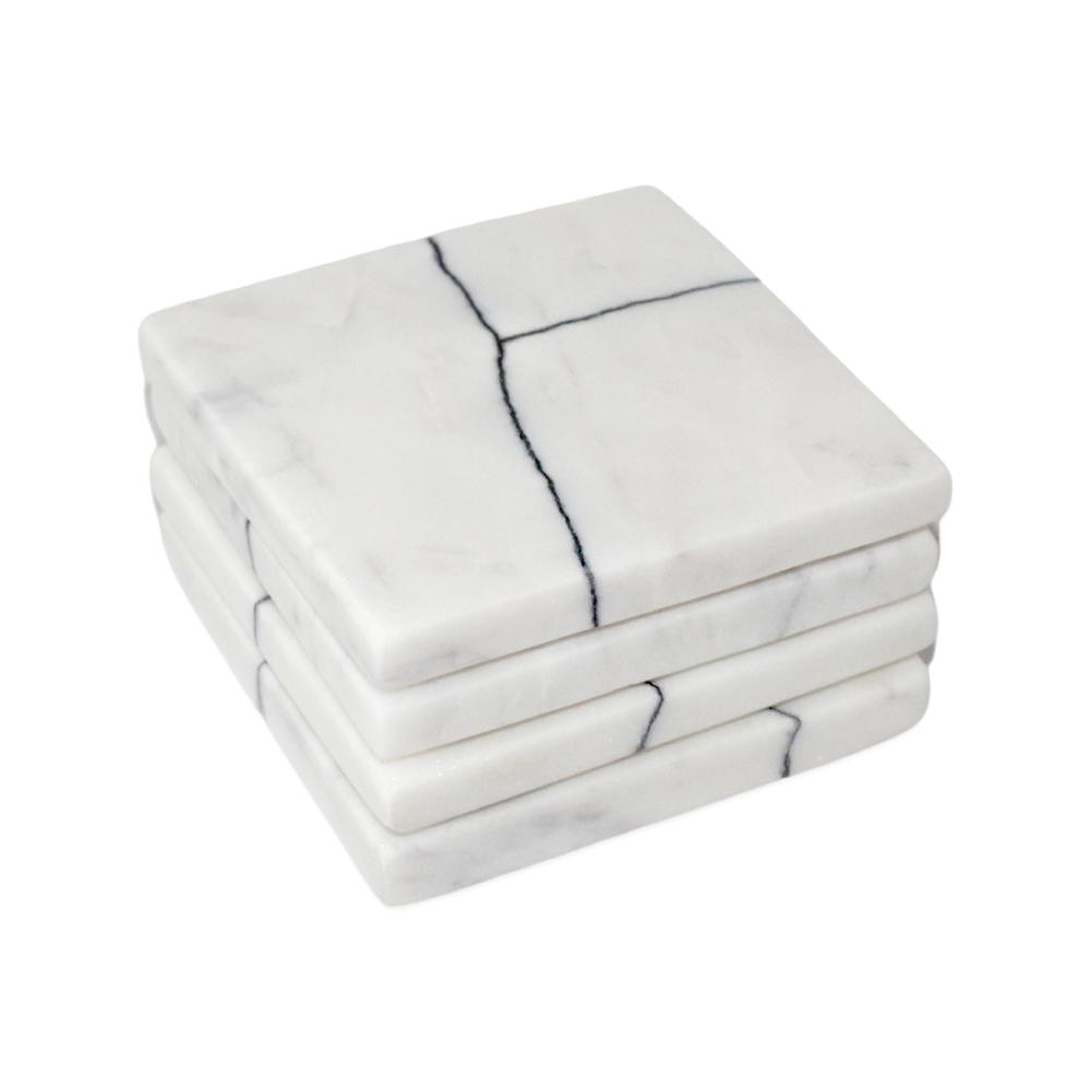 Set Of 4 Veined White Marble Square Coasters - White. Picture 1