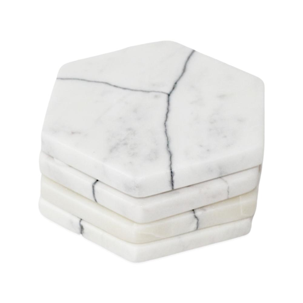 Set Of 4 Veined White Marble Hexagon Coasters - White. Picture 1