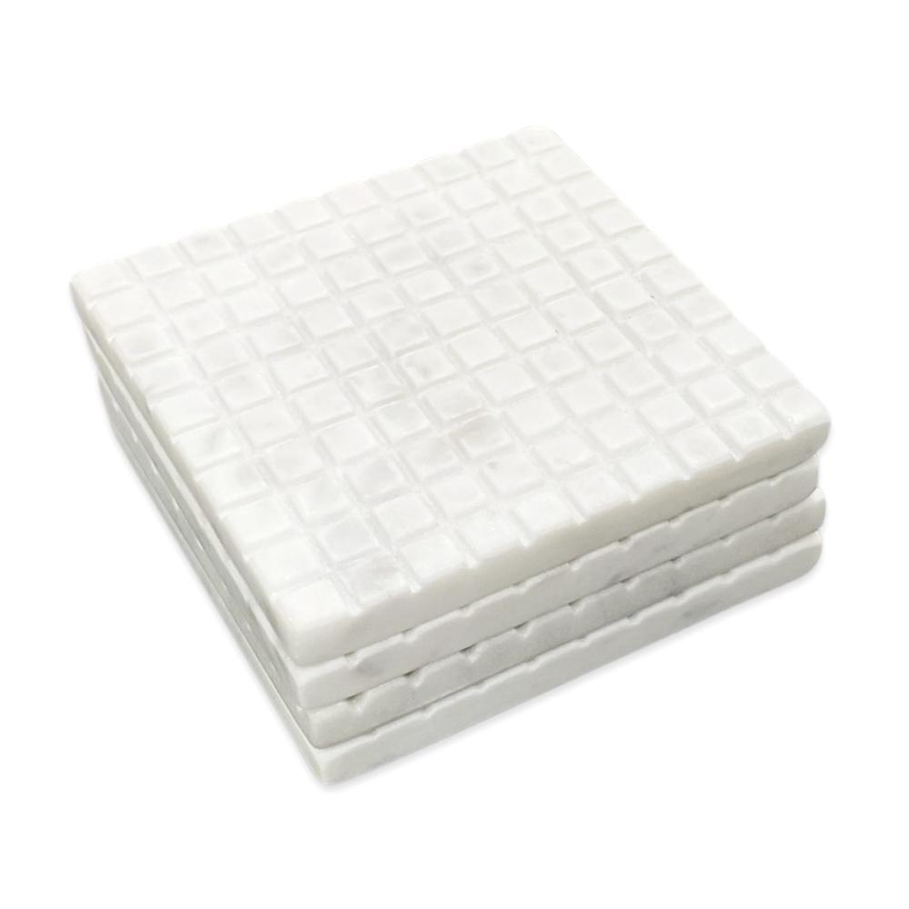Set Of 4 White Marble Square Coasters - White. Picture 1