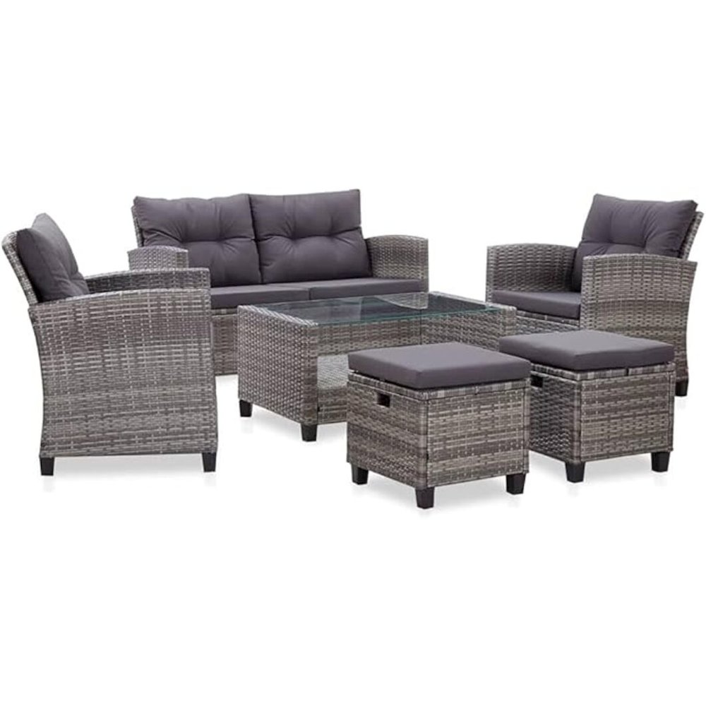 vidaXL 6 Piece Garden Sofa Set with Cushions Poly Rattan Dark Gray, 46150. Picture 1