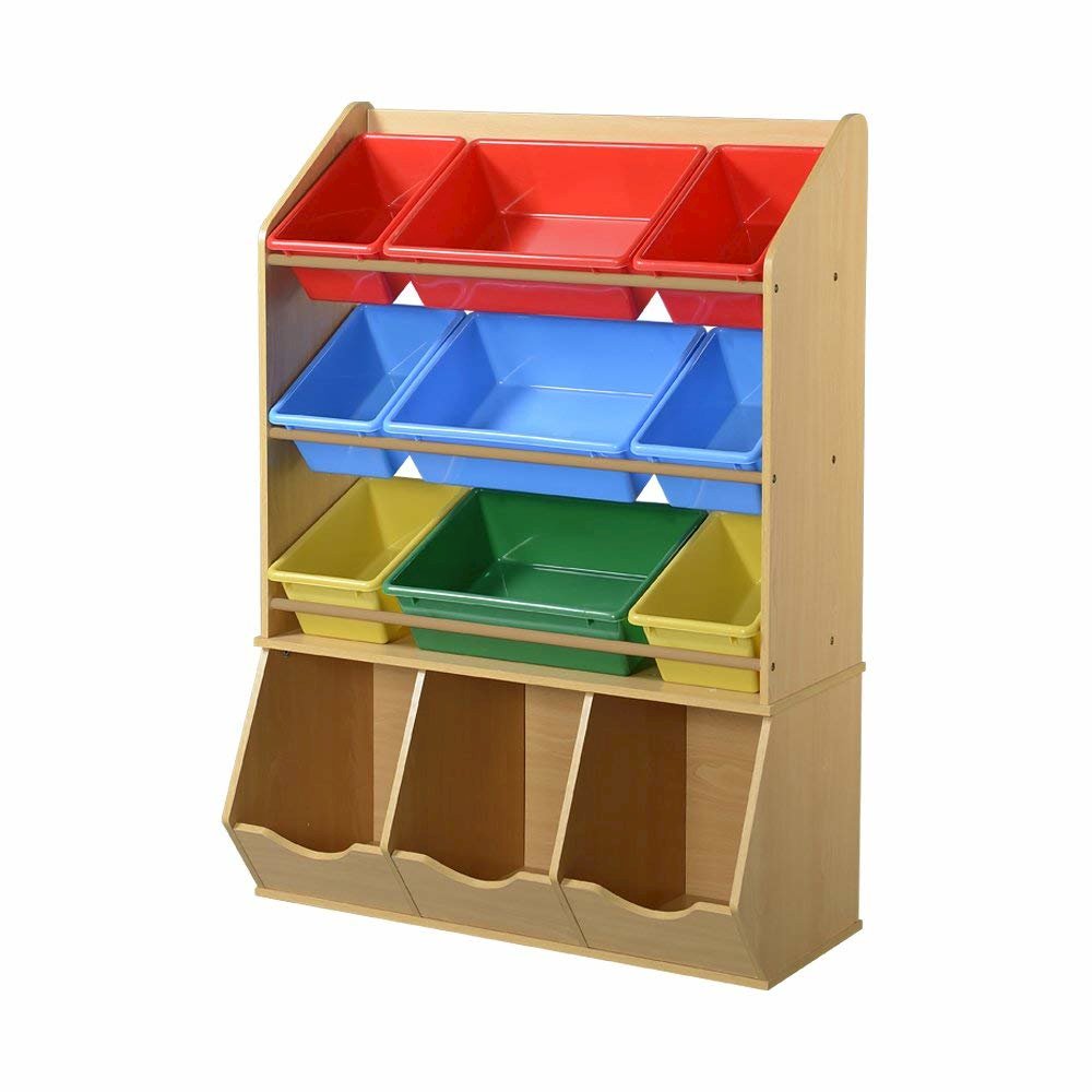 Bin Organizer for Toys, etc with nine colorful, removable plastic bins, Honey Maple. Picture 1