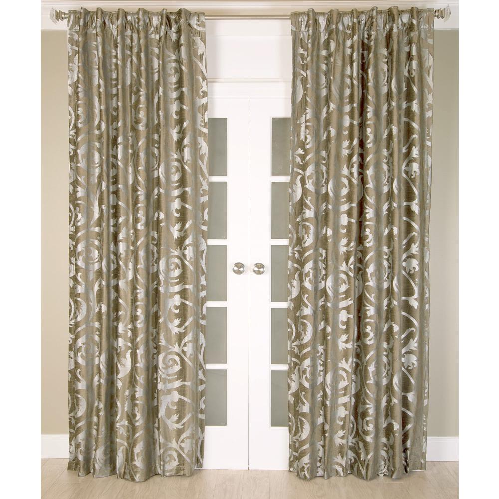 Green Cotton Velvet Printed Curtain Panel Lined with Rod Pocket Single Curtain Panel, 52"W x 108"L, Green. Picture 1