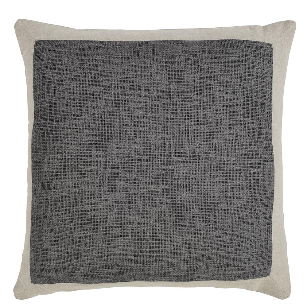 Solid Cotton Boucle Pillow with Linen Border, Filled with Feather and Down Insert, 22"W x 22"H, Caviar Grey. Picture 1